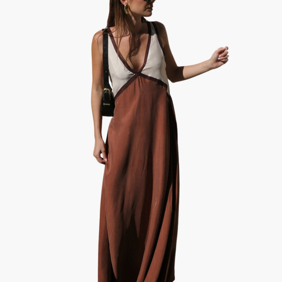 Abito lungo donna senza maniche con scollo a V