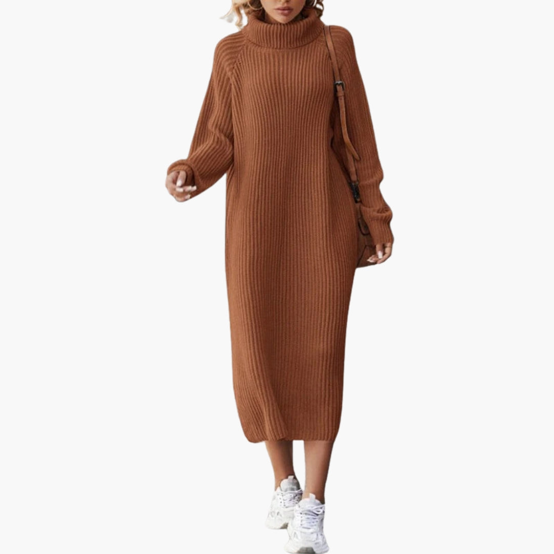 Abito lungo da donna stile maglione con collo e maniche lunghe