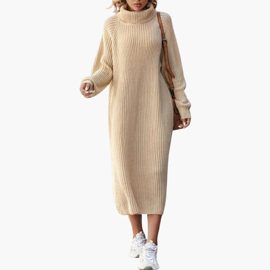 Abito lungo da donna stile maglione con collo e maniche lunghe