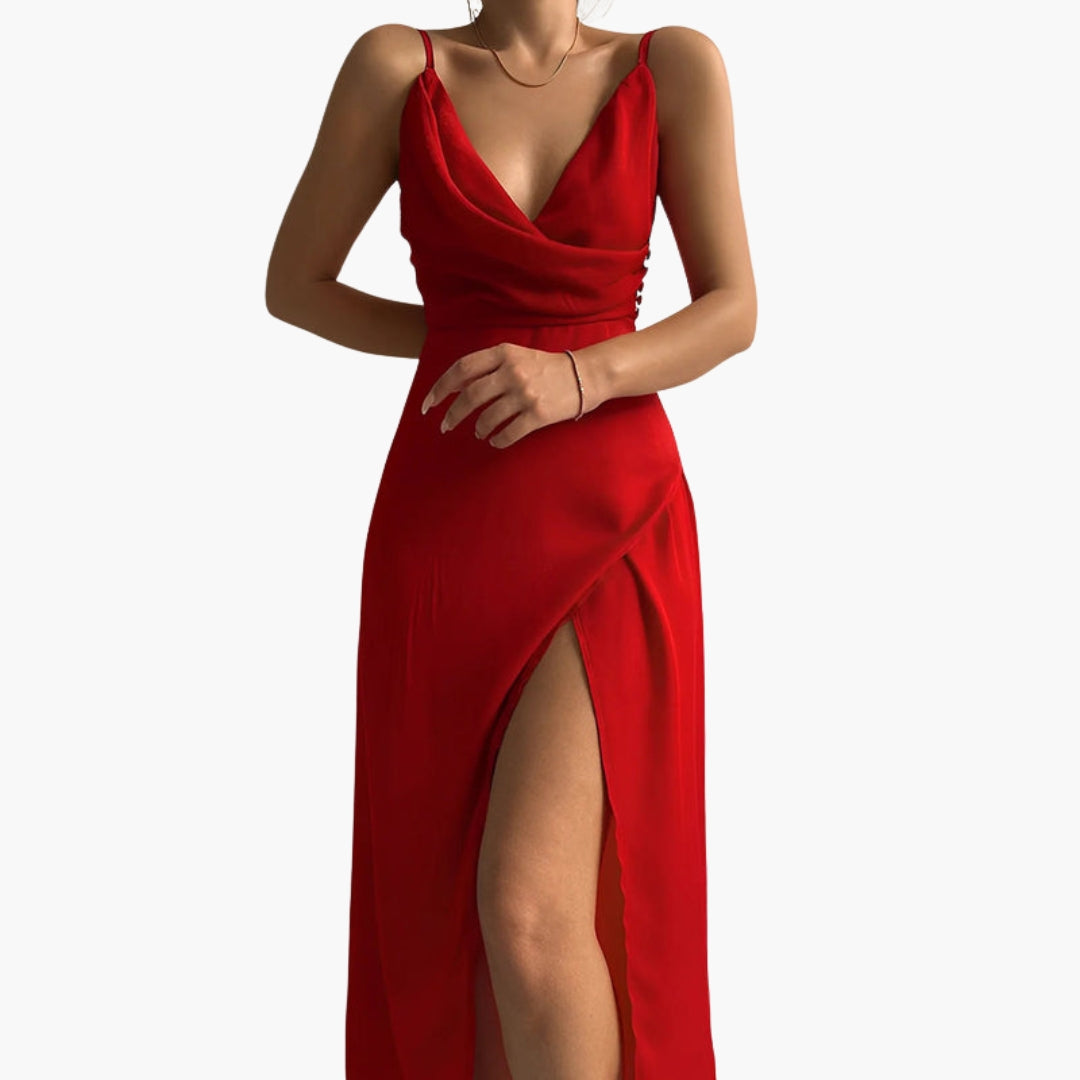 Abito lungo senza maniche da donna con scollo drappeggiato