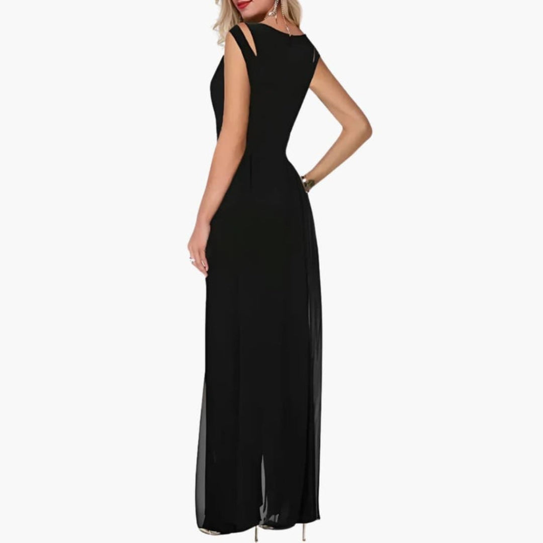 Abito lungo donna con scollo rotondo e spacco frontale