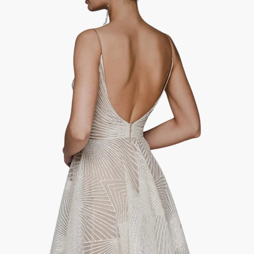 Abito midi donna con schiena scoperta e motivo geometrico