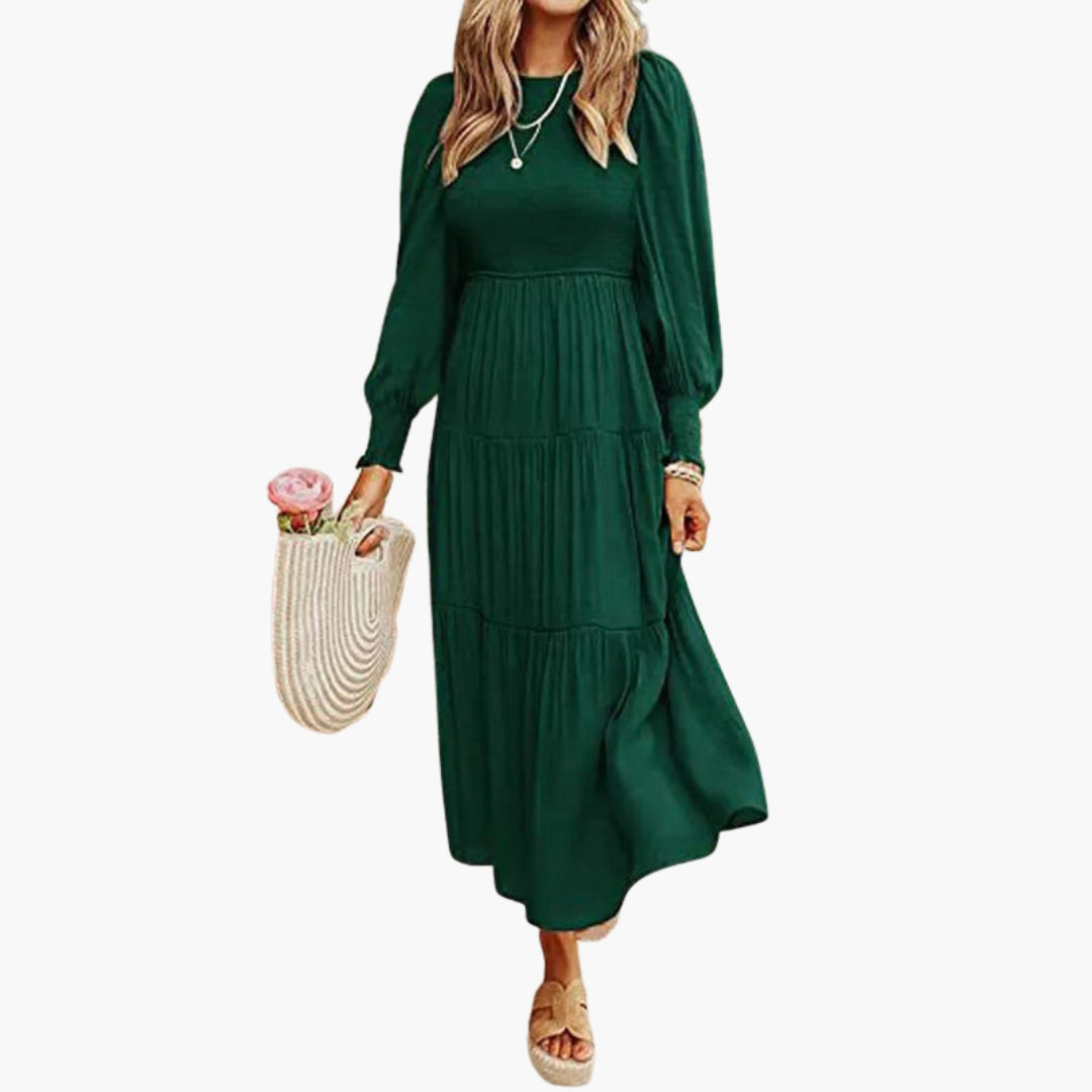 Abito midi donna a maniche lunghe con gonna a balze
