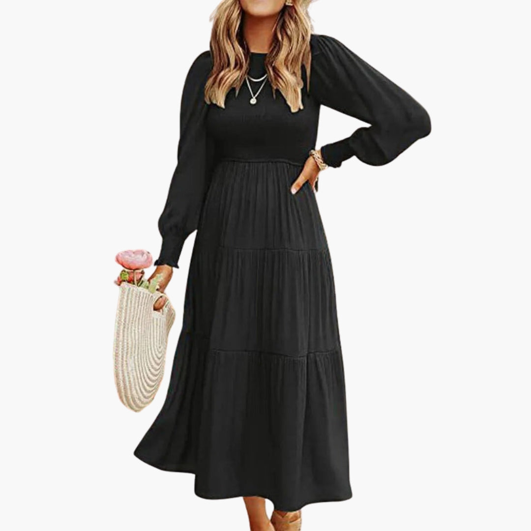 Abito midi donna a maniche lunghe con gonna a balze
