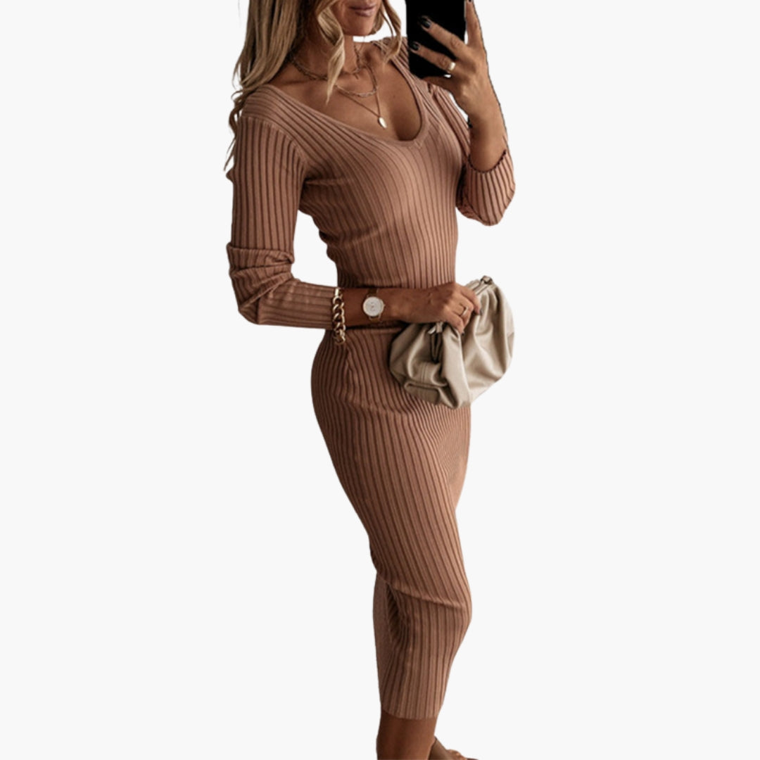 Abito midi donna con maniche lunghe e scollo rotondo