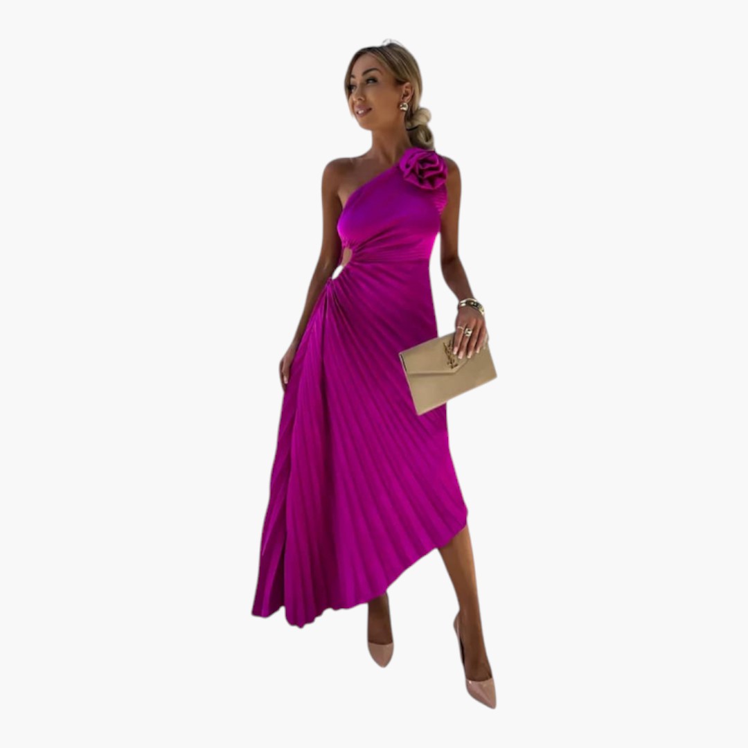 Asymmetrical one-shoulder midi dress for women with pleats