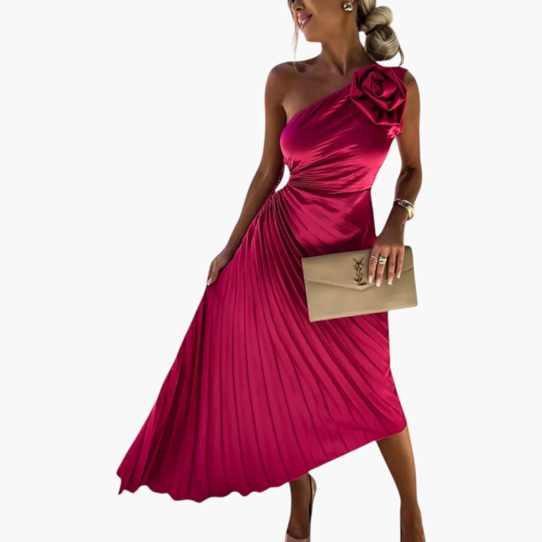 Asymmetrical one-shoulder midi dress for women with pleats