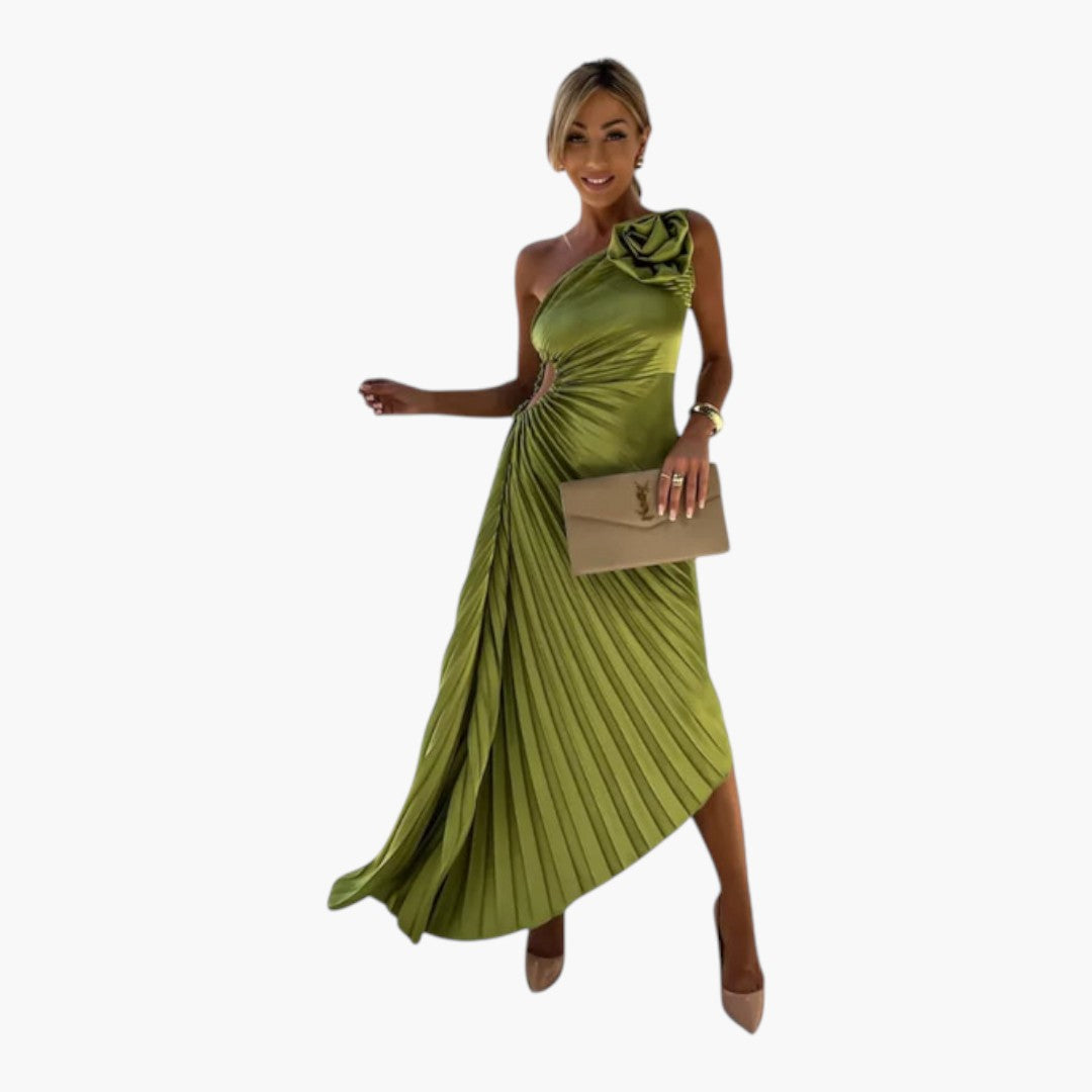Asymmetrical one-shoulder midi dress for women with pleats