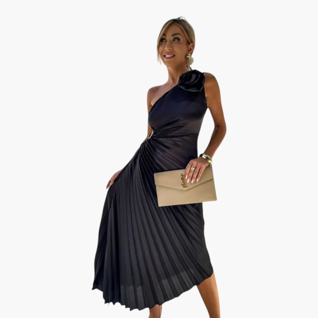 Asymmetrical one-shoulder midi dress for women with pleats