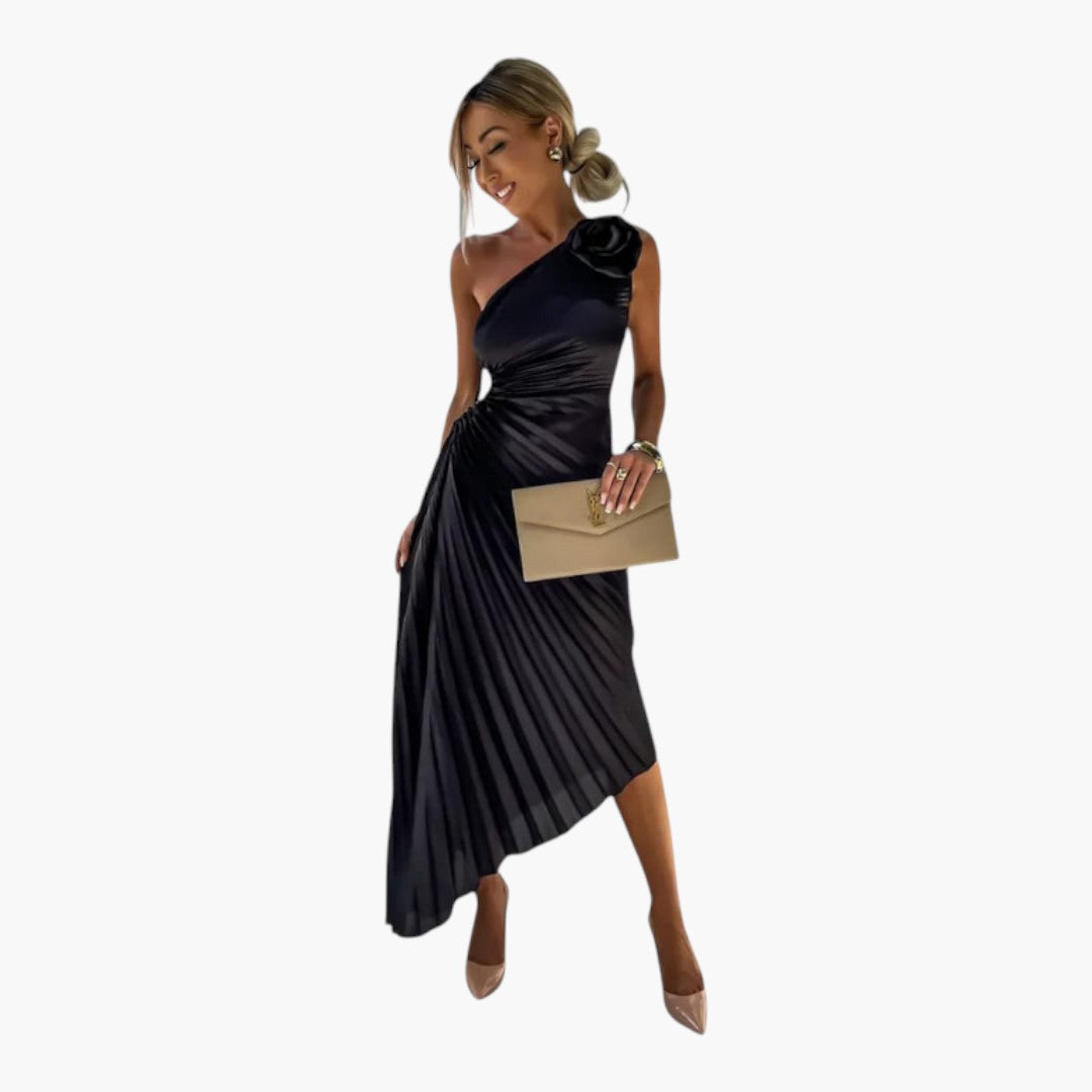 Asymmetrical one-shoulder midi dress for women with pleats