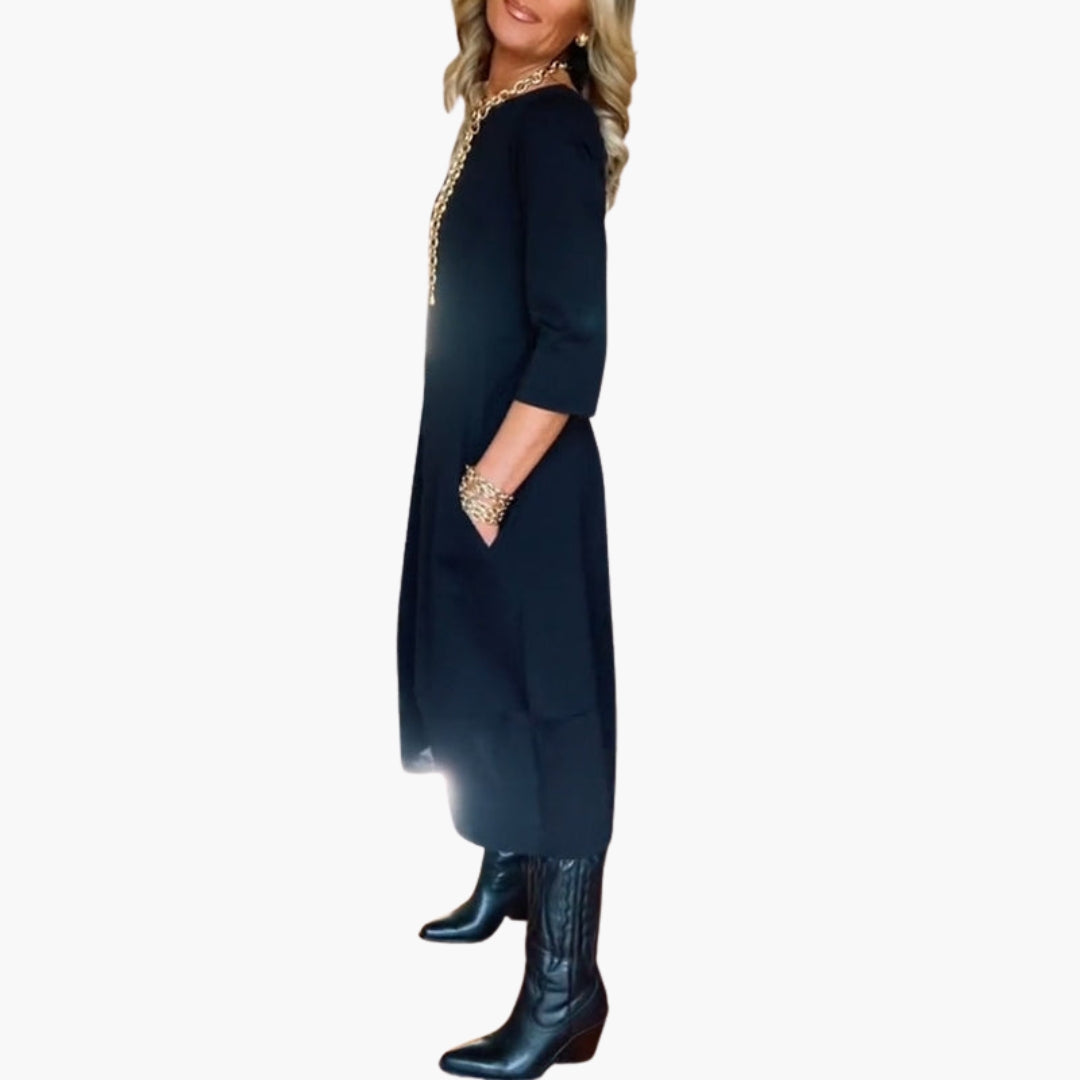 Abito midi donna con tasche e scollo rotondo