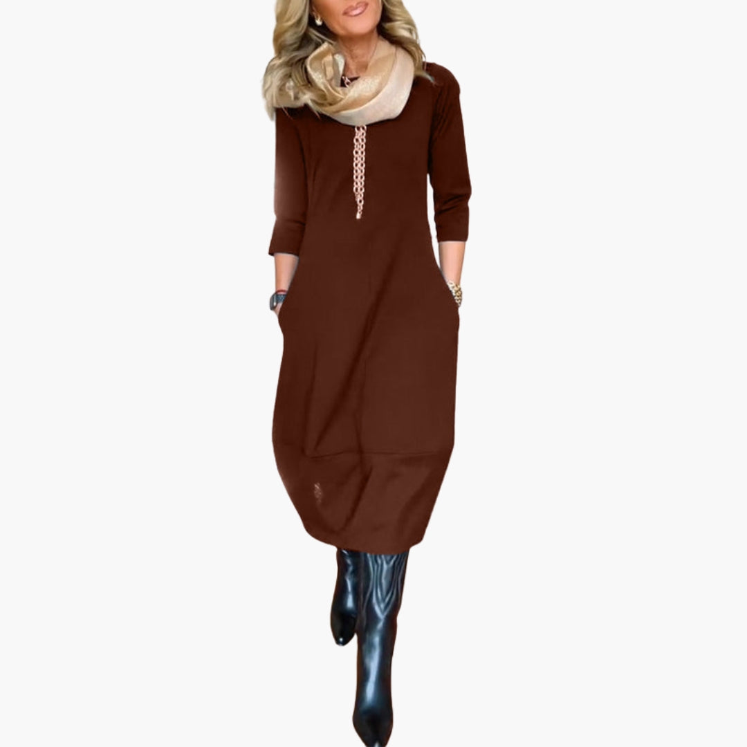 Abito midi donna con tasche e scollo rotondo