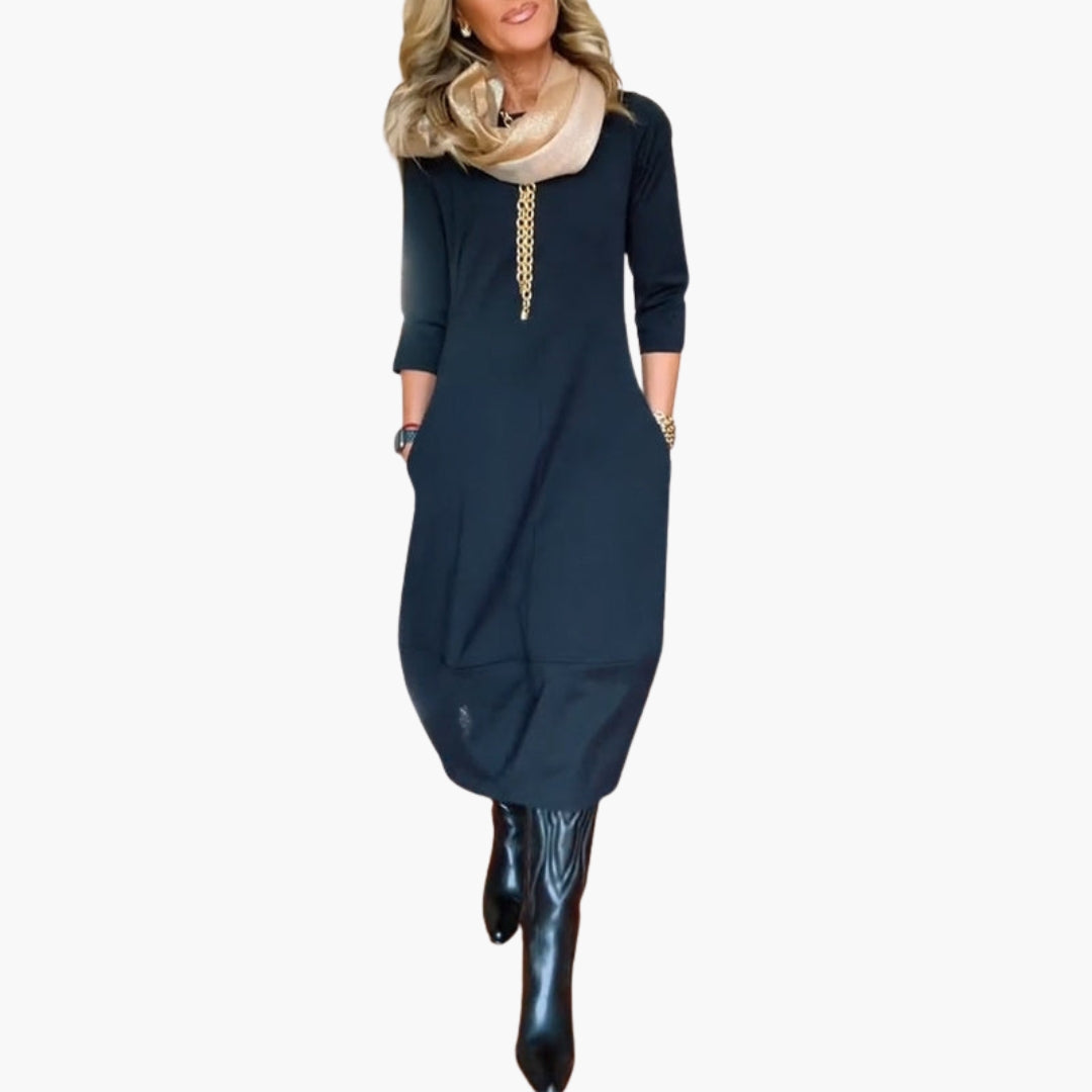 Abito midi donna con tasche e scollo rotondo