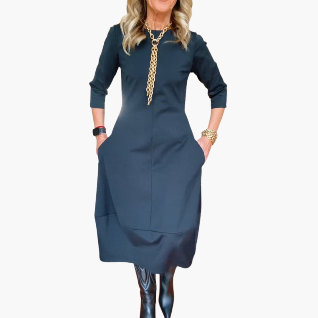 Abito midi donna con tasche e scollo rotondo