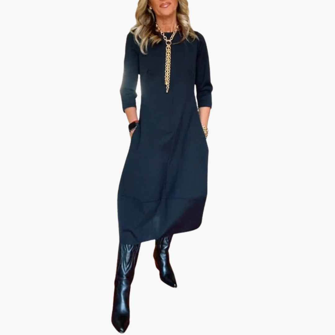 Abito midi donna con tasche e scollo rotondo