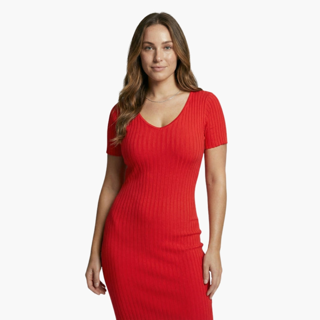 Robe midi femme col V à texture côtelée