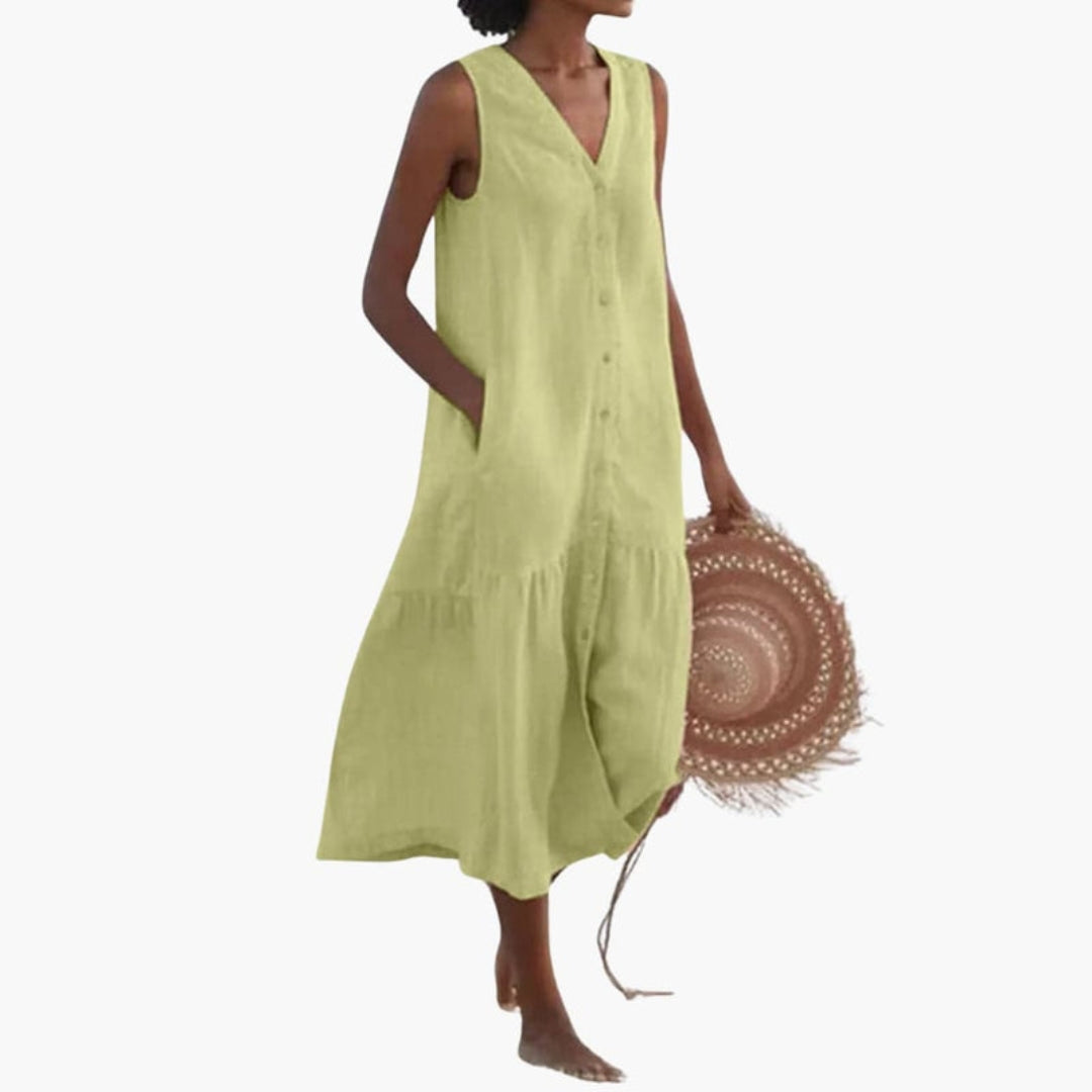 Midi dress for women with a V-neck and buttons on the front