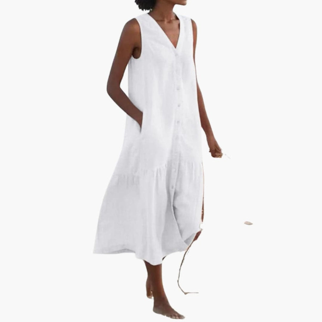 Midi dress for women with a V-neck and buttons on the front