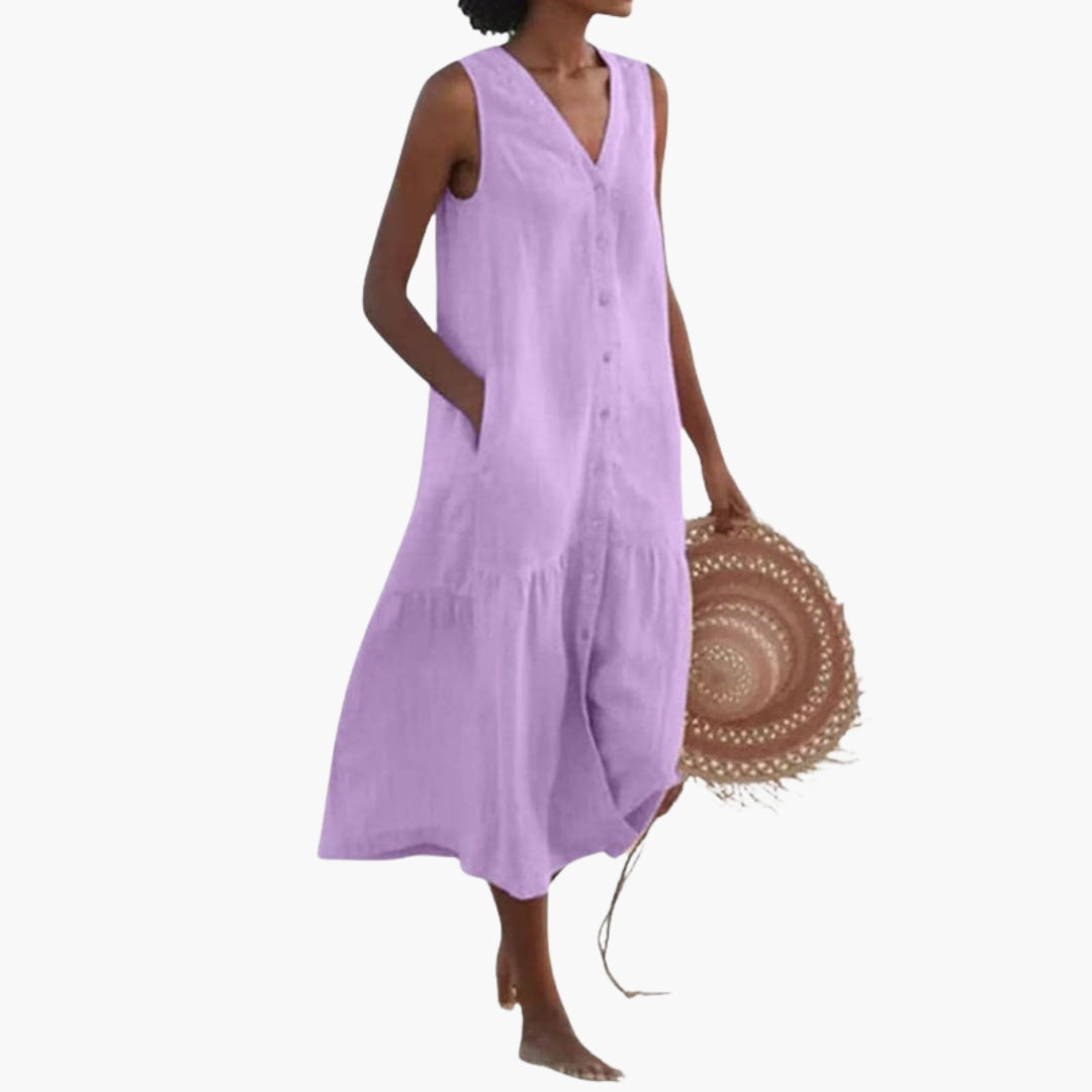 Midi dress for women with a V-neck and buttons on the front