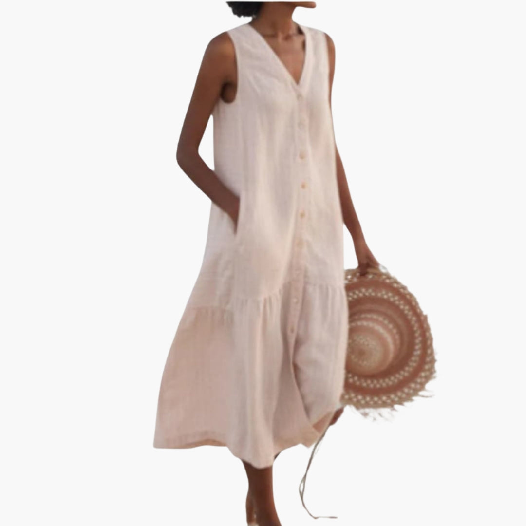Midi dress for women with a V-neck and buttons on the front