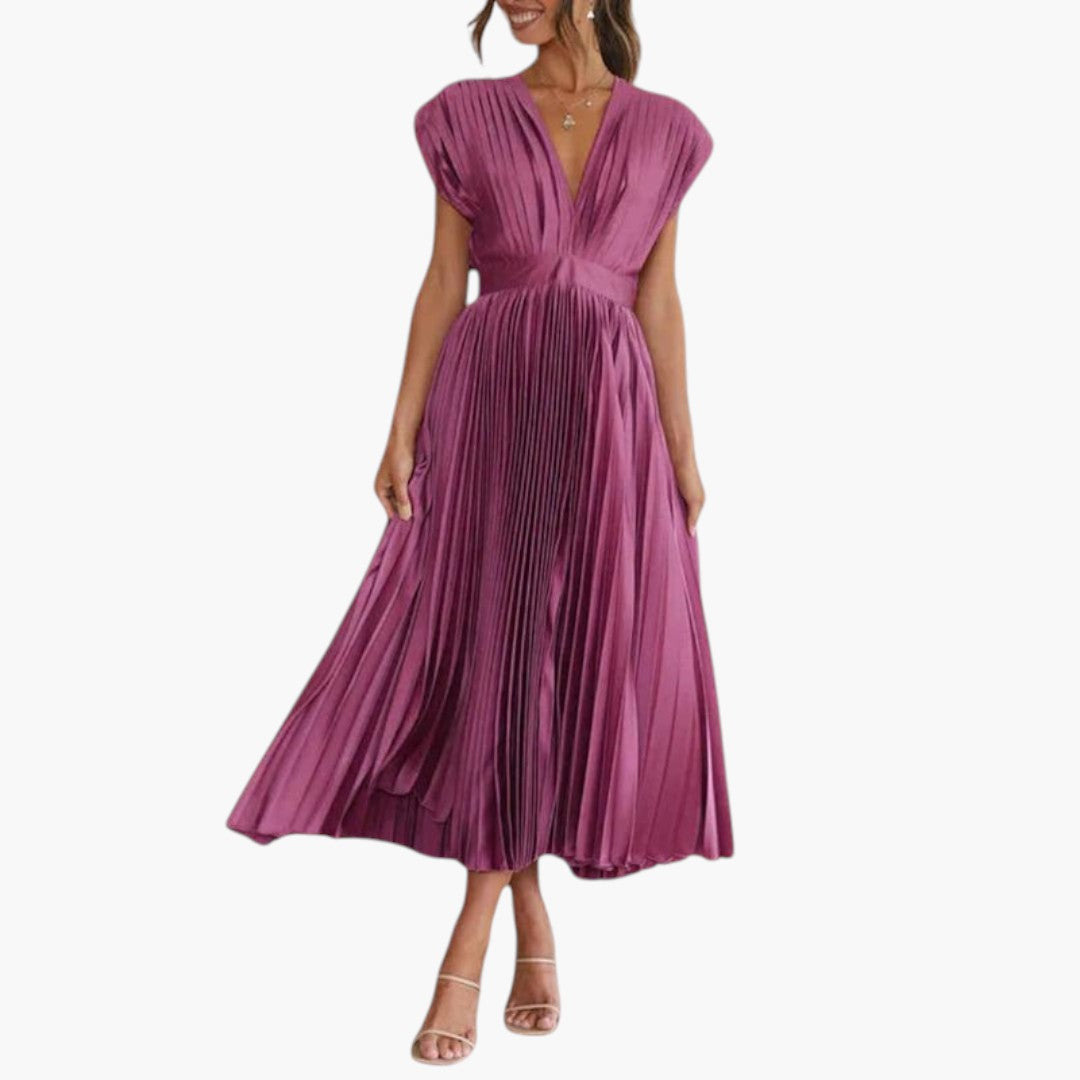 Abito midi donna con scollo a V e gonna plissettata