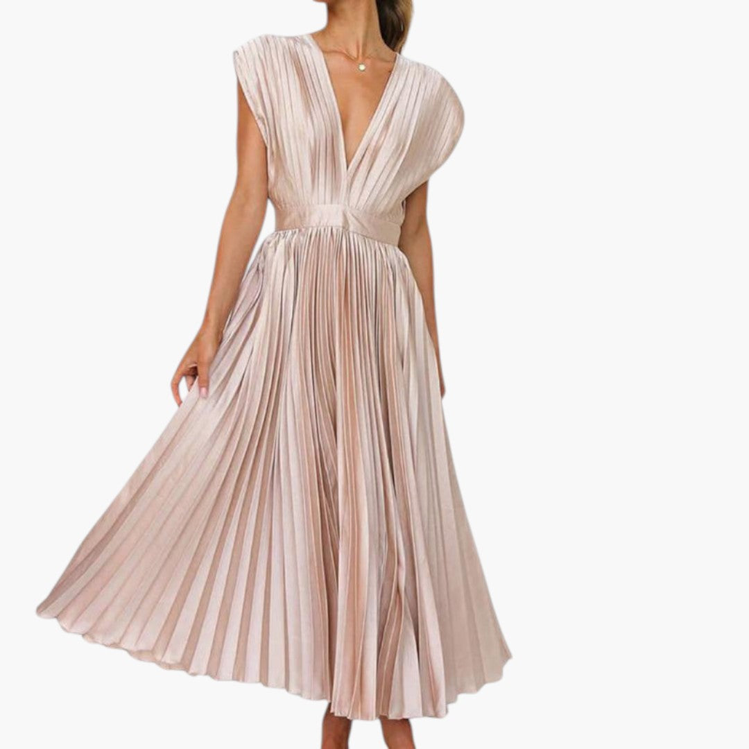 Abito midi donna con scollo a V e gonna plissettata