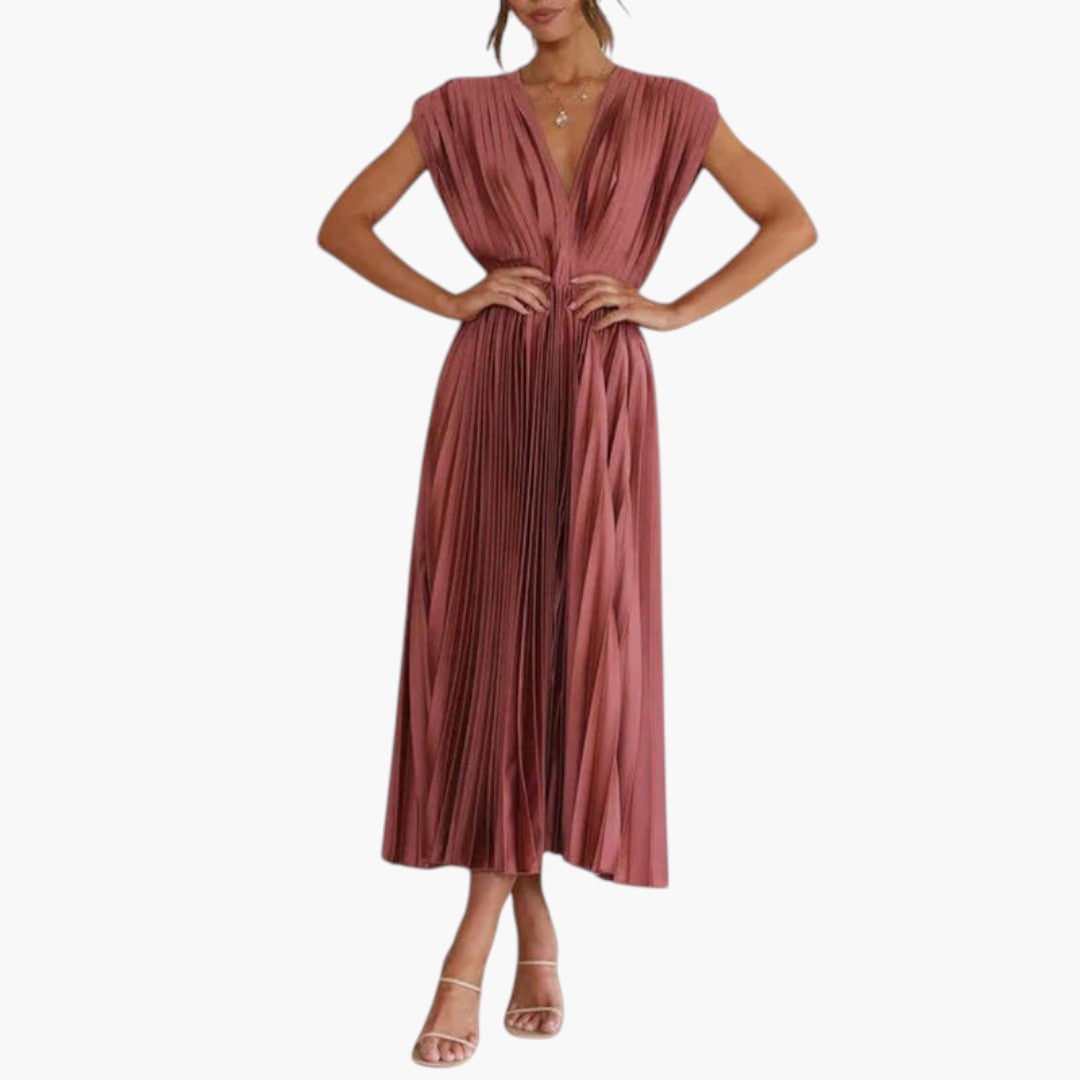 Abito midi donna con scollo a V e gonna plissettata