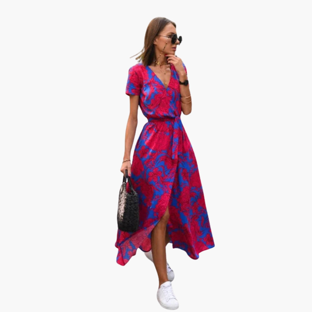 Abito midi donna con scollo a V e cintura in vita