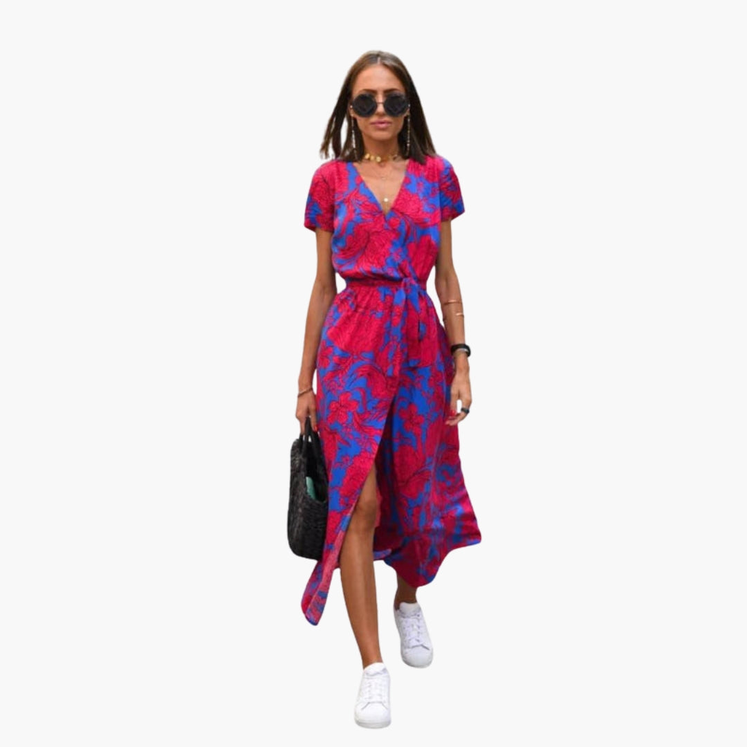 Abito midi donna con scollo a V e cintura in vita