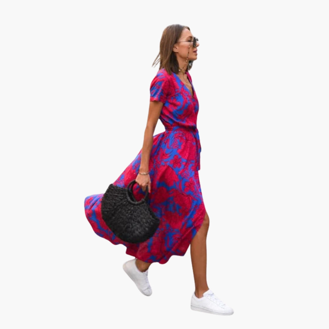 Abito midi donna con scollo a V e cintura in vita