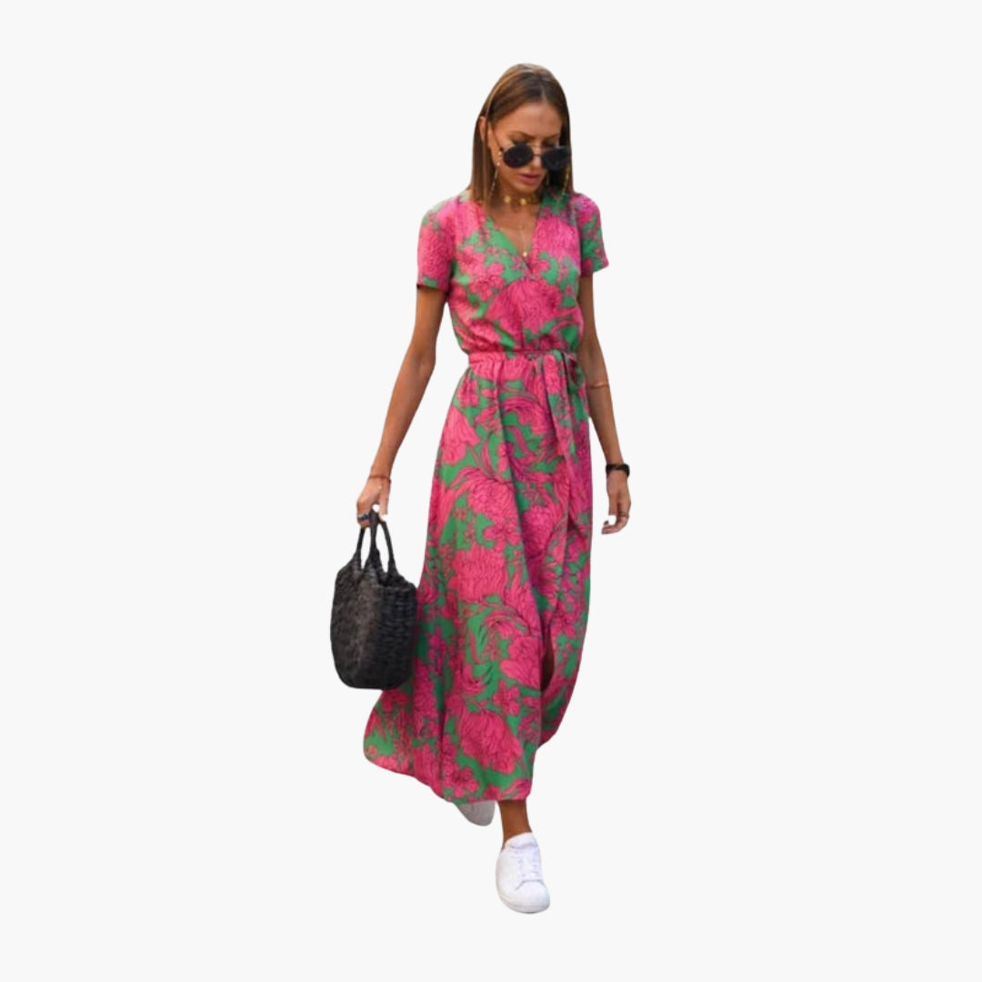 Abito midi donna con scollo a V e cintura in vita