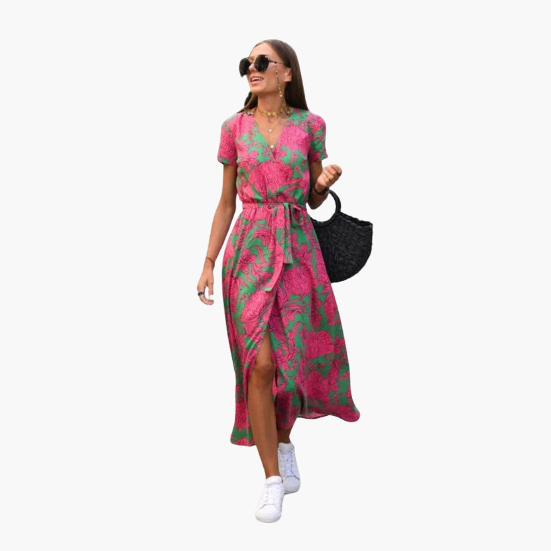 Abito midi donna con scollo a V e cintura in vita
