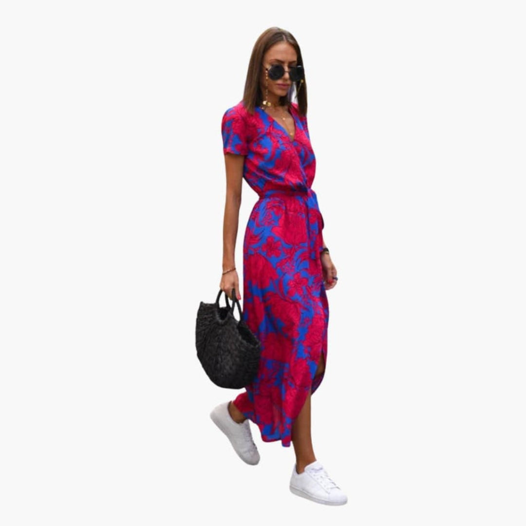 Abito midi donna con scollo a V e cintura in vita