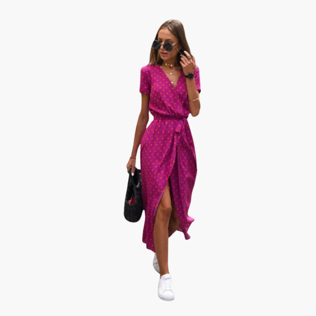 Abito midi donna con scollo a V e cintura in vita