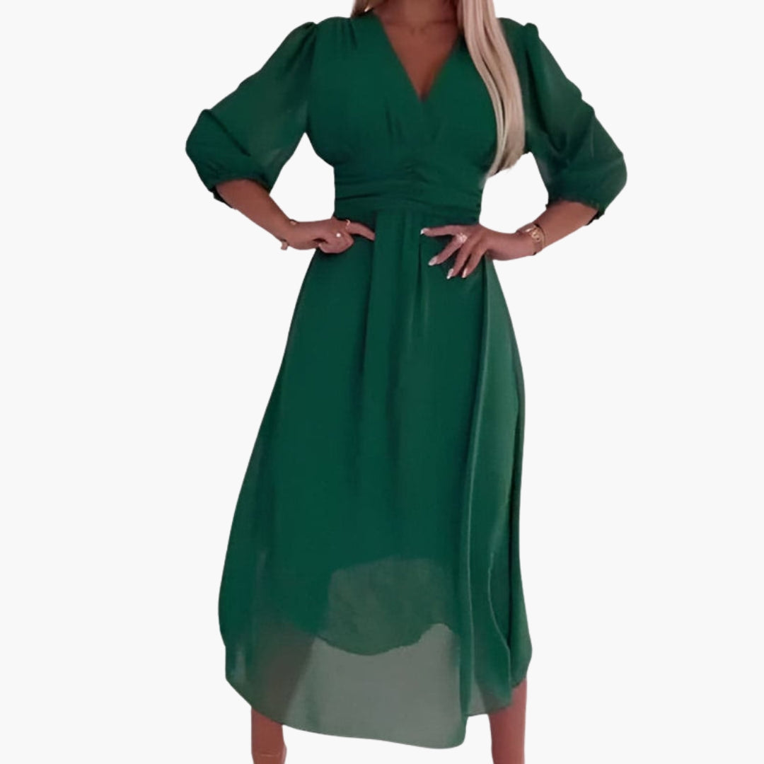 Abito midi donna con scollo a V e maniche a tre quarti