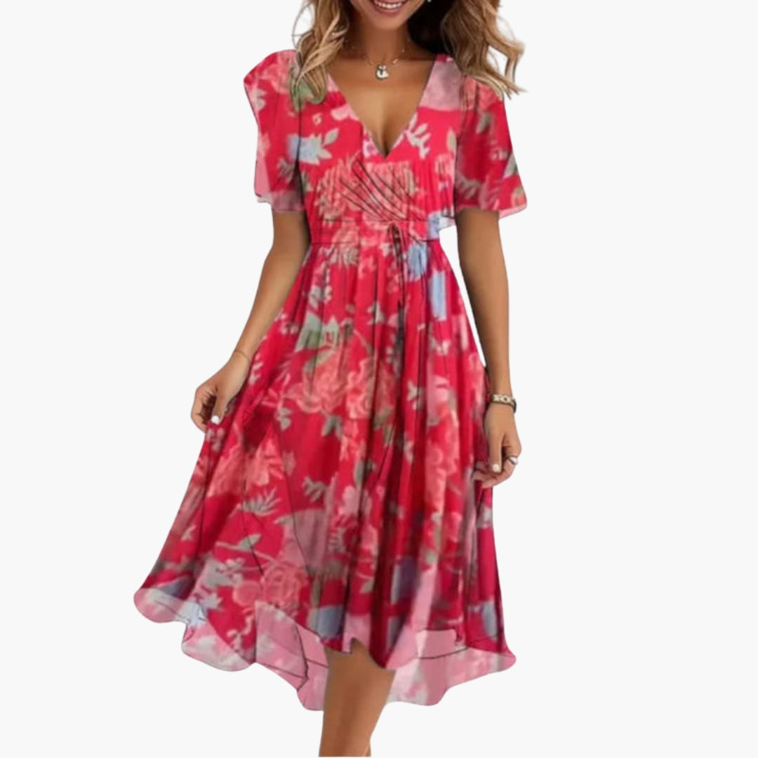 Vestido midi feminino com decote em V e superfície estampada