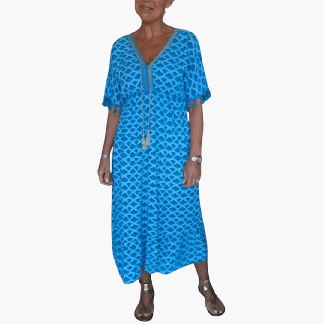Robe midi femme col V manches courtes avec lien à pompons