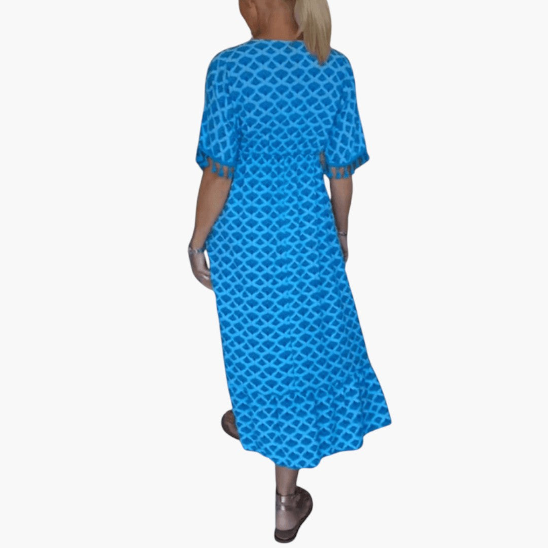 Robe midi femme col V manches courtes avec lien à pompons