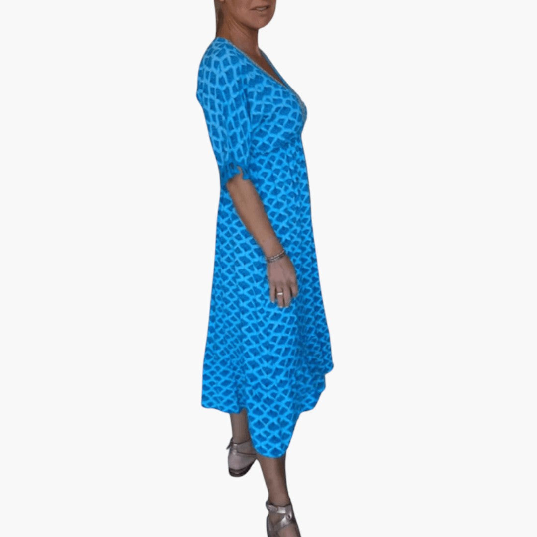 Robe midi femme col V manches courtes avec lien à pompons