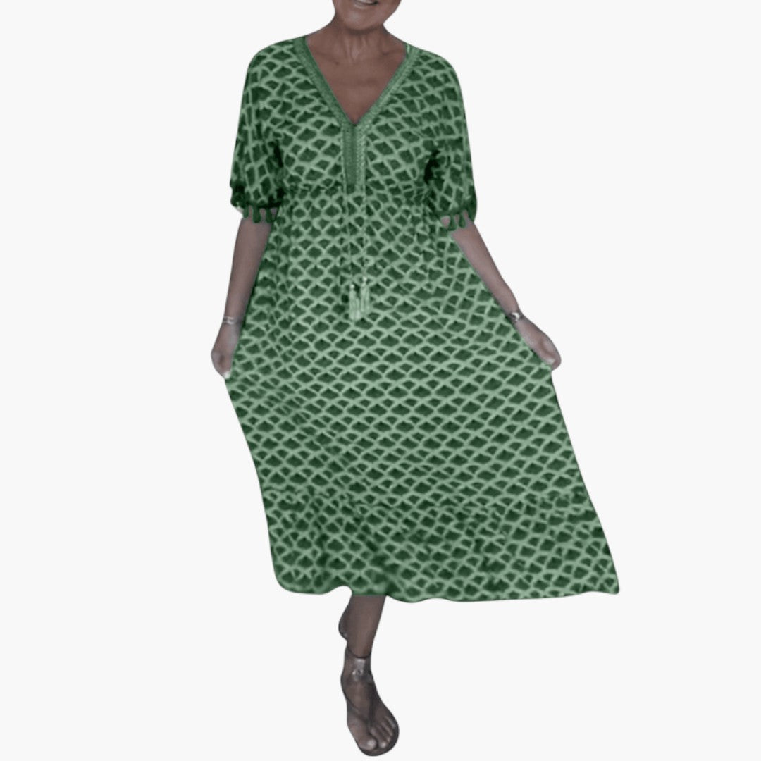 Robe midi femme col V manches courtes avec lien à pompons