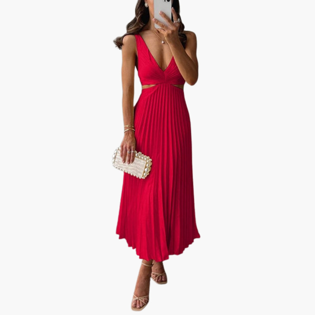 Abito midi donna con scollo a V profondo e gonna plissettata