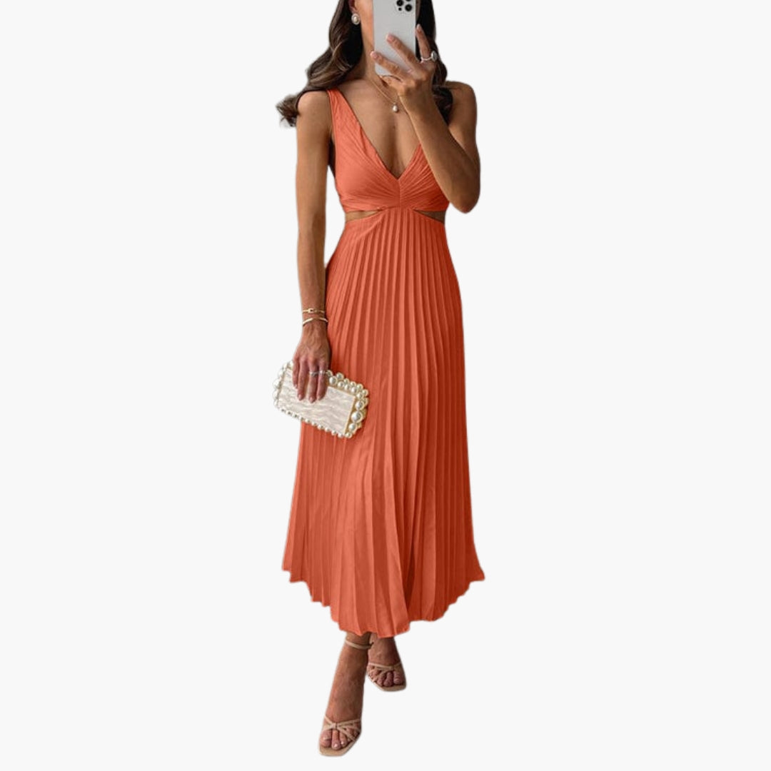 Abito midi donna con scollo a V profondo e gonna plissettata