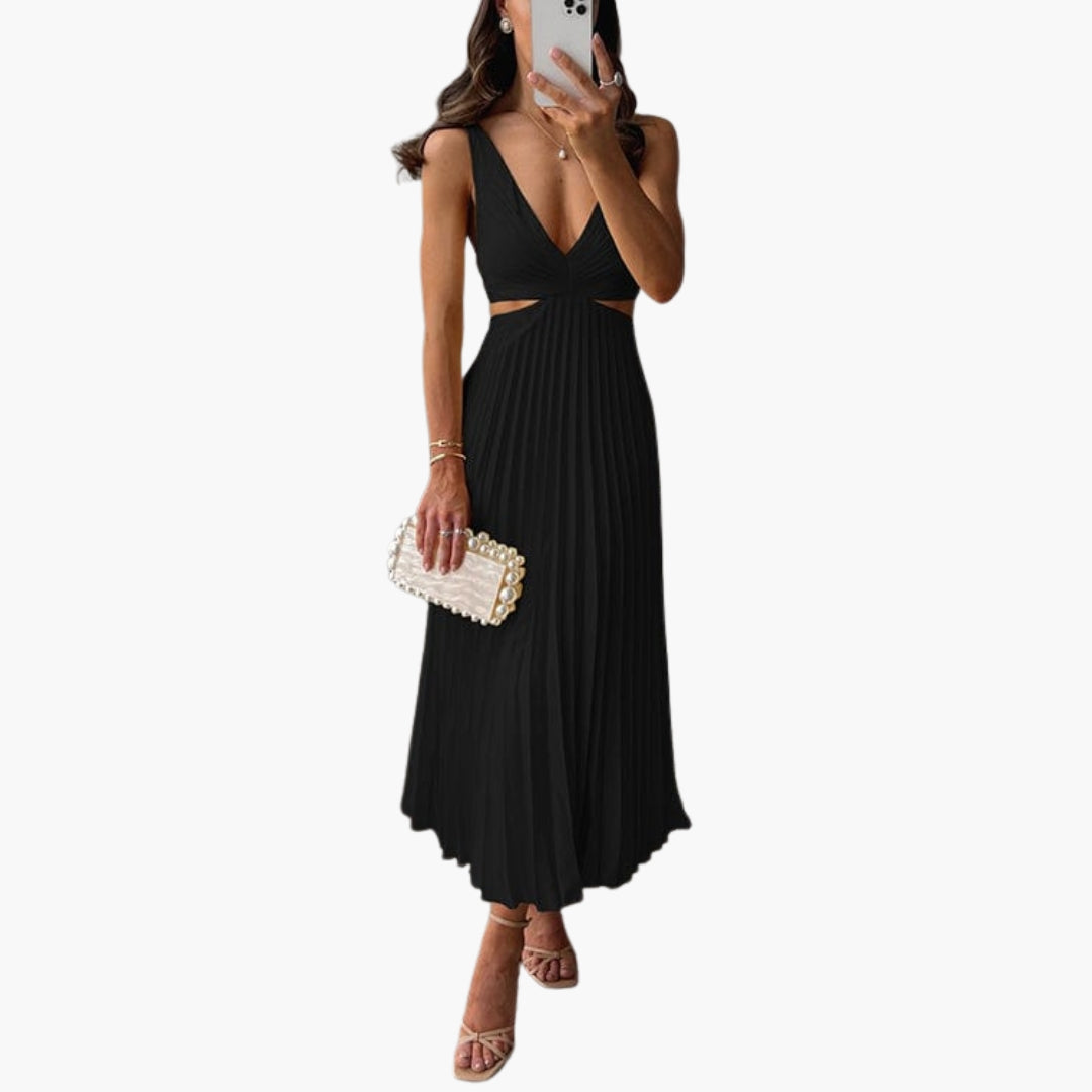 Abito midi donna con scollo a V profondo e gonna plissettata