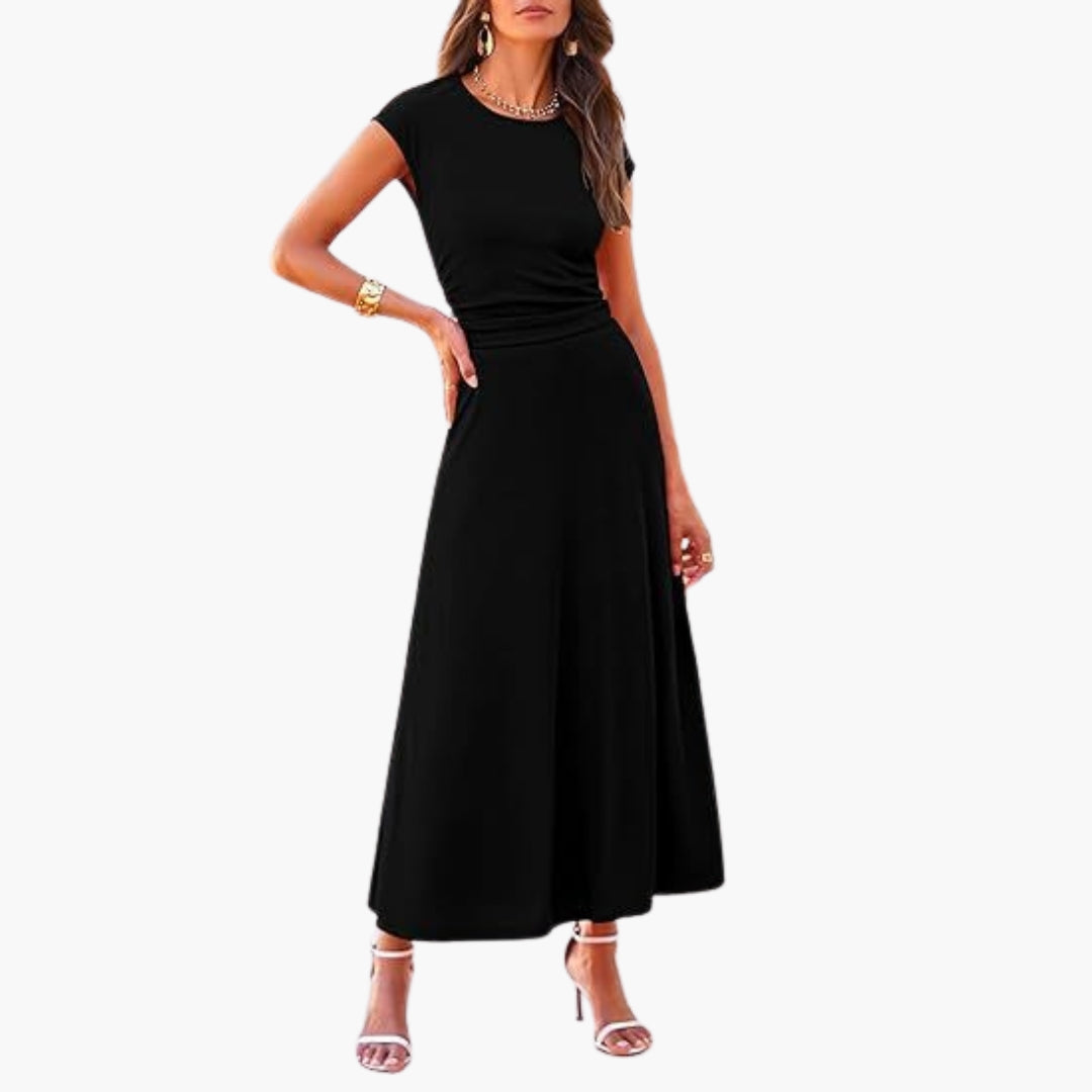 Midi-Kleid für Damen mit hohem Bund und kurzen Ärmeln
