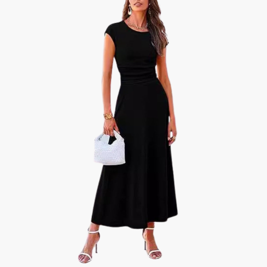 Midi-Kleid für Damen mit hohem Bund und kurzen Ärmeln