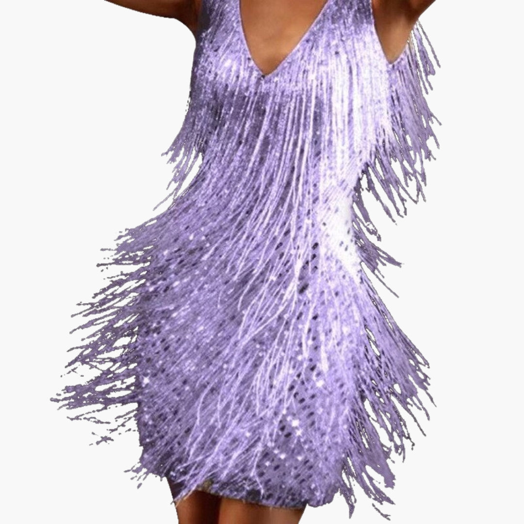 Robe mini femme à col V avec franges à pampilles