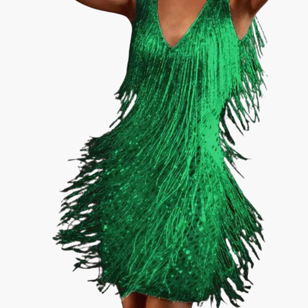 Robe mini femme à col V avec franges à pampilles