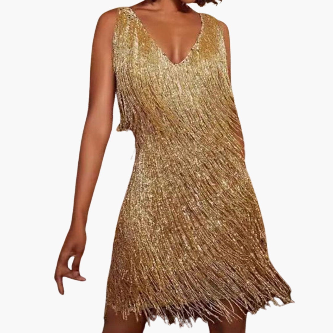 Robe mini femme à col V avec franges à pampilles
