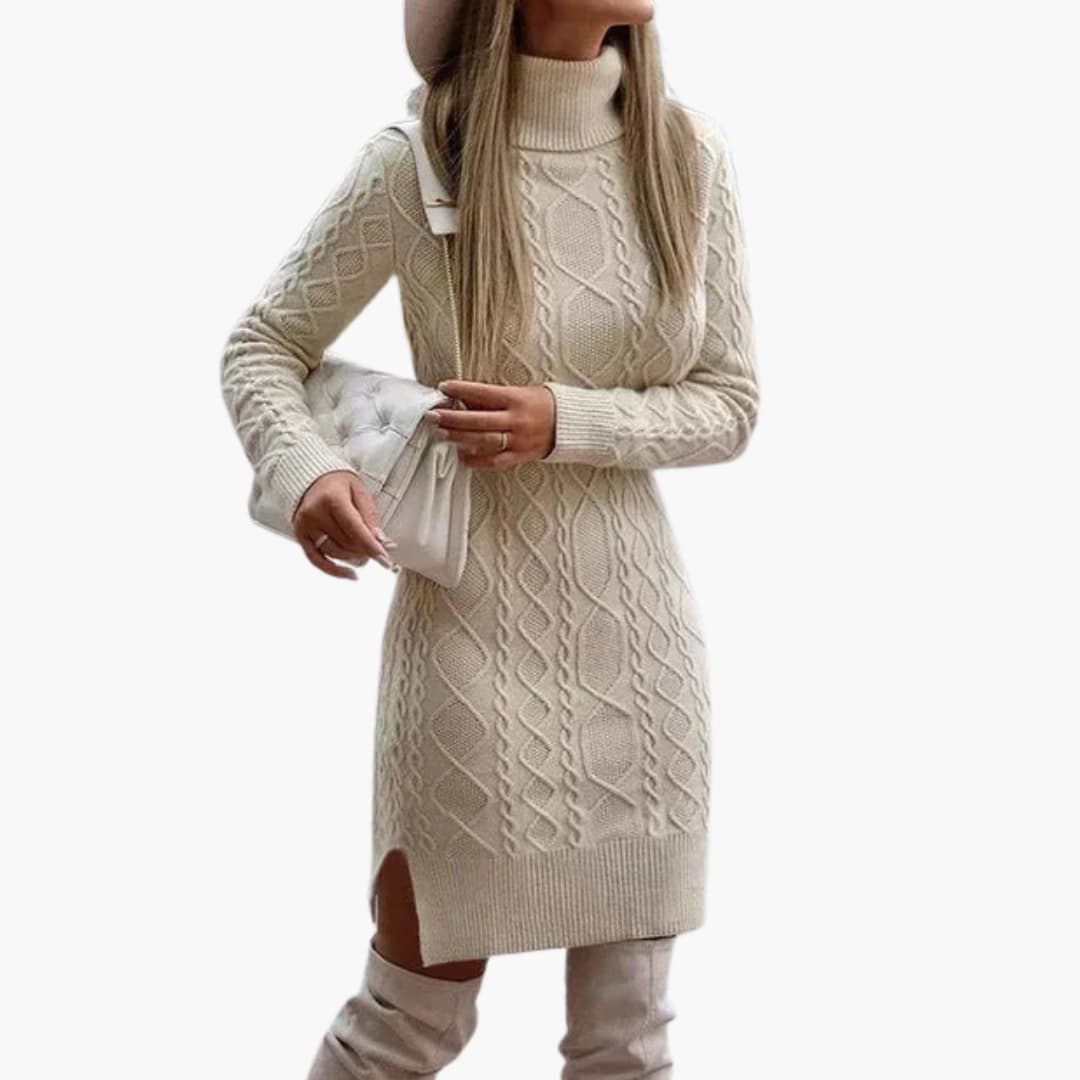 Robe tricotée femme avec manches longues et encolure ronde