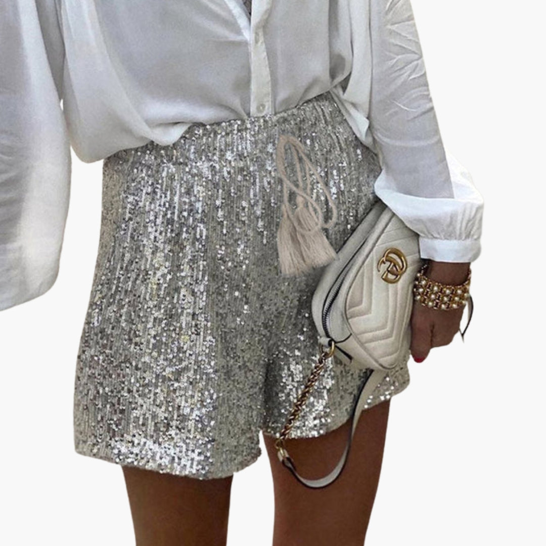 Gonna corta femminile con paillettes e vita alta